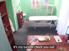 Busty blonde sits on doctors cock in office
